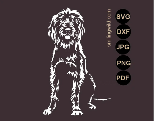 a white svg vector graphic cut file presentation of a sitting full body pudelpointer frontal SVG, PNG and DXF illustration