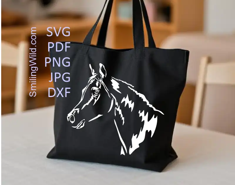 White Arabian horse head vector graphic on black tote bag fabric mockup