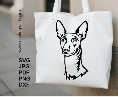Cuttable realistic SVG and PNG file of Cirneco dell’Etna dog face printed on a tote bag to show details for crafting and engraving