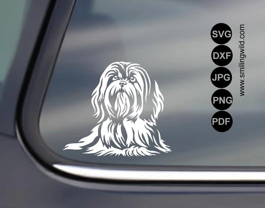 Detailed white line art of a Lhasa Apso svg and dxf vector cut file  for cricut vinyl cutting and laser engraving on slate or wood.