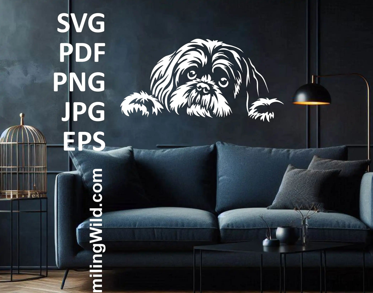 Realistic black and white Shih Tzu portrait clipart in SVG and PNG formats, ideal for crafting, Silhouette, and engraving projects