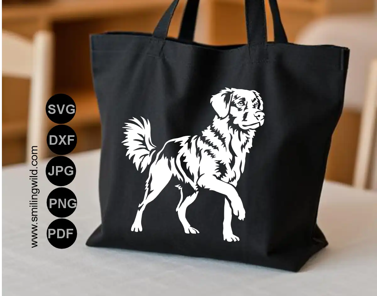 Crisp detailed realistic drawing of a Toller dog rendered completely in clean white paths over a dark transparent PNG background template to use as a template for vinyl iron on decal.