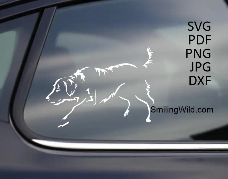 A car sticker in white color od a Flat Coated Retriever hunting dog vector portrait SVG, PNG, DXF cut file for engraving, vinyl, and crafting machines 