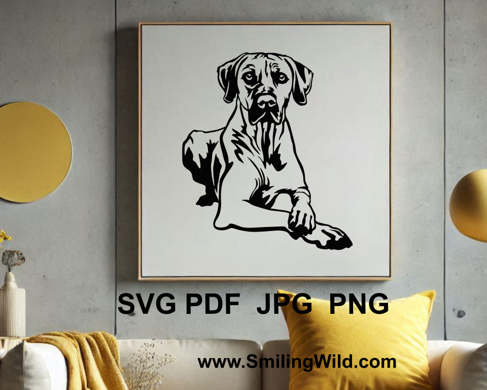 Rhodesian Ridgeback silhouette SVG for Cricut and laser cutting, featuring a detailed design for dog lover crafts and decorations