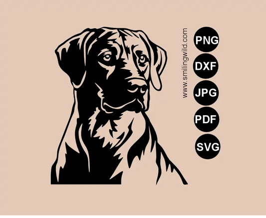 Rhodesian Ridgeback dog portrait vector graphic SVG, DXF, and PNG cut file preview to demonstrate this dog breed art for Cricut and Silhouette cutting