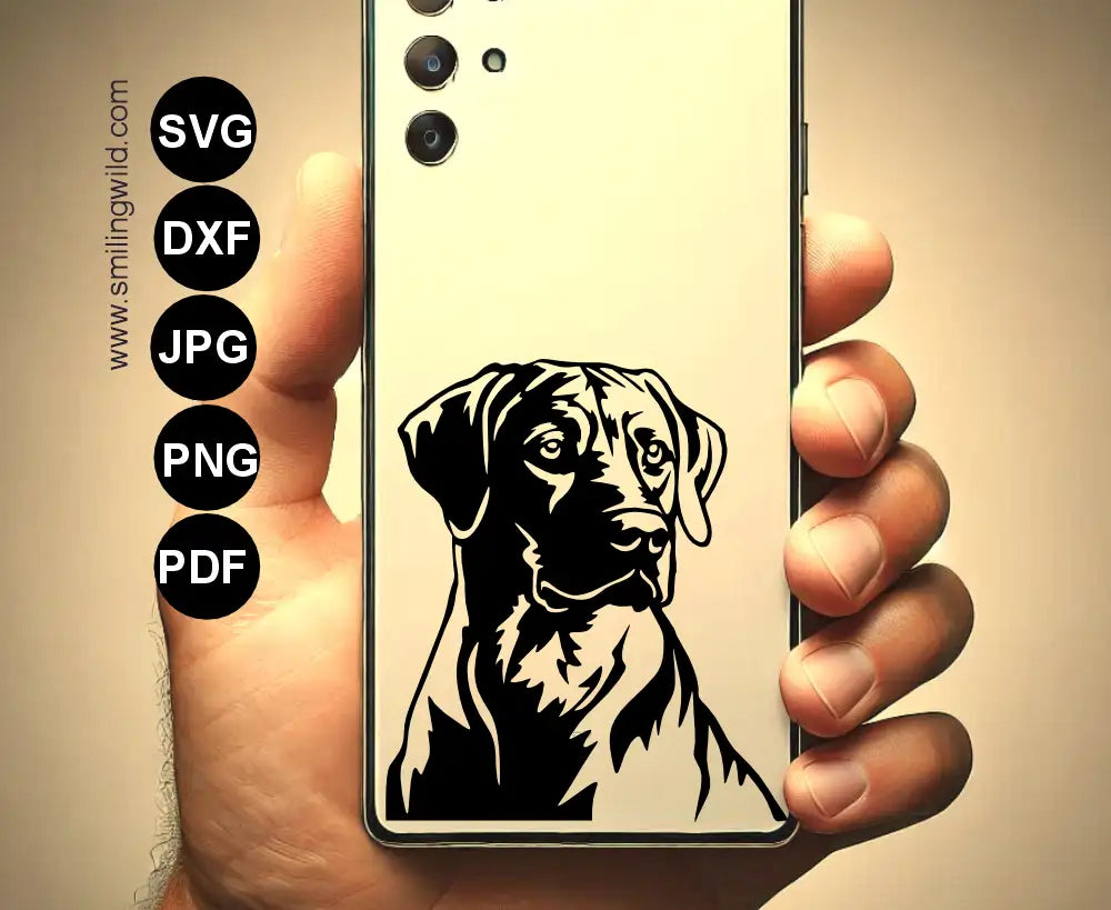 Rhodesian Ridgeback dog portrait SVG and pngvector cut file presented  as phone case decal vinyl sticker - a dog preview image with DXF and PNG digital download options