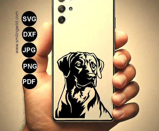 Rhodesian Ridgeback dog portrait SVG and pngvector cut file presented  as phone case decal vinyl sticker - a dog preview image with DXF and PNG digital download options