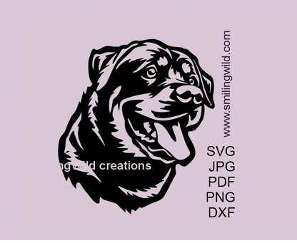 Smiling Rottweiler face SVG PNG DXF, detailed dog vector graphic for Cricut and laser cutting craft projects