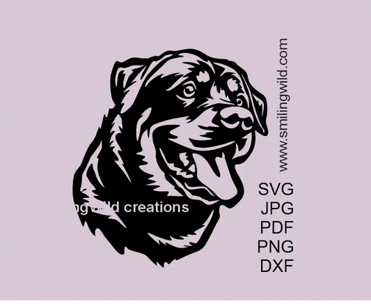 Smiling Rottweiler face SVG PNG DXF, detailed dog vector graphic for Cricut and laser cutting craft projects