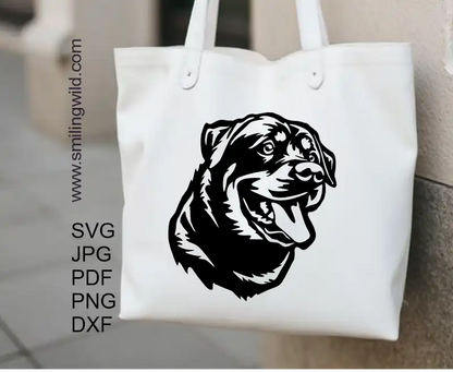A tote bag design of Detailed Rottweiler clipart smiling dog face vector for Cricut, laser engraving, and cut file projects