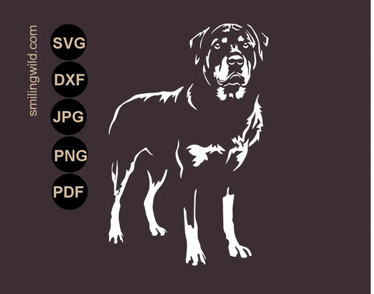 Full body, standing Rottweiler svg vector graphic clipart in a crisp white file version for dark surfaces