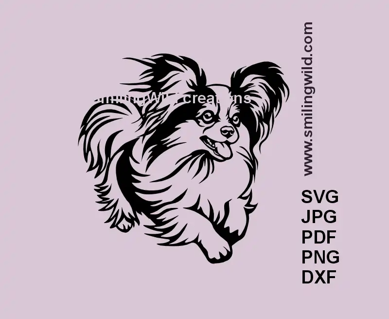 Realistic running Papillon dog with a tongue out of his mouth svg png and dxf clipart in black color lines for Cricut and laser cutting crafts
