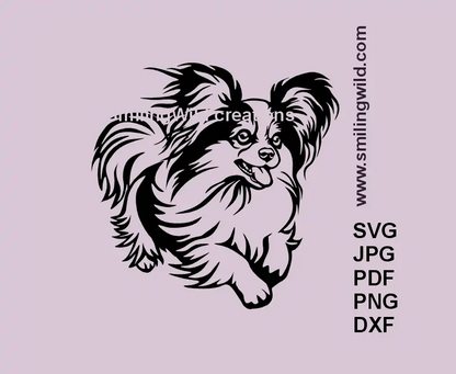 Realistic running Papillon dog with a tongue out of his mouth svg png and dxf clipart in black color lines for Cricut and laser cutting crafts