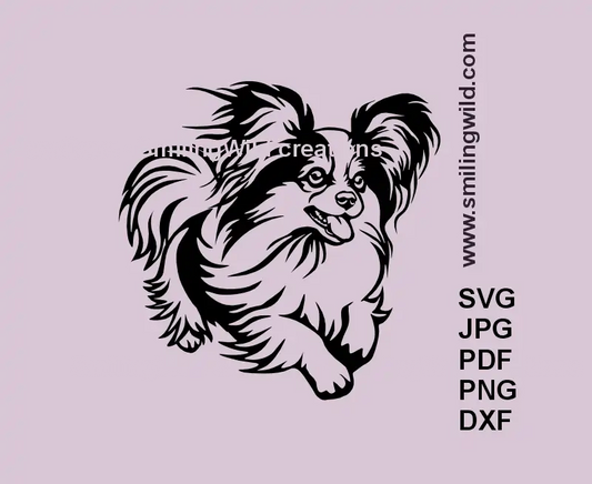Realistic running Papillon dog with a tongue out of his mouth svg png and dxf clipart in black color lines for Cricut and laser cutting crafts