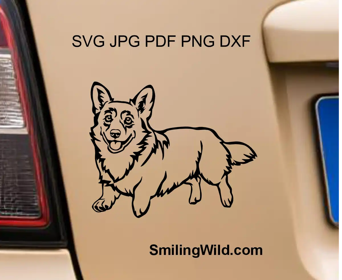 A running and smiling vector graphic SVG and PNG file preview image of a corgi dog vector graphic laser and cnc cutting file.