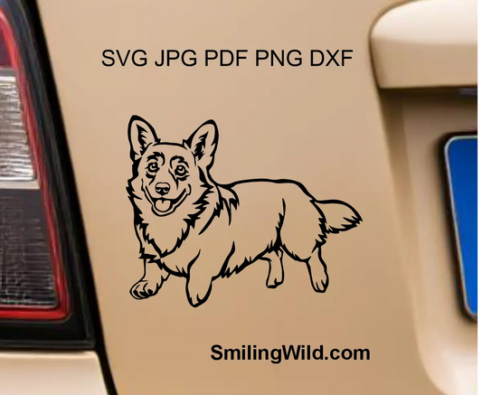A running and smiling vector graphic SVG and PNG file preview image of a corgi dog vector graphic laser and cnc cutting file.