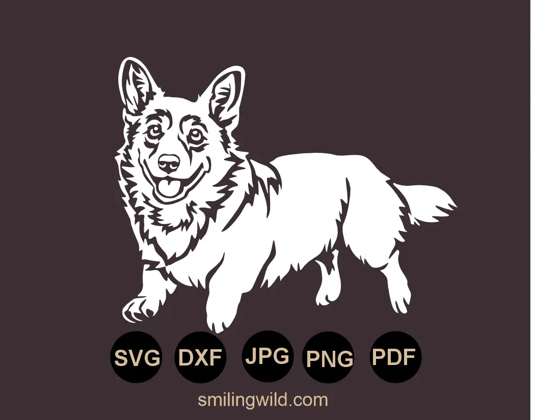 White running Welsh Corgi svg vector grpahic cut file showcasing a smiling dog in motion