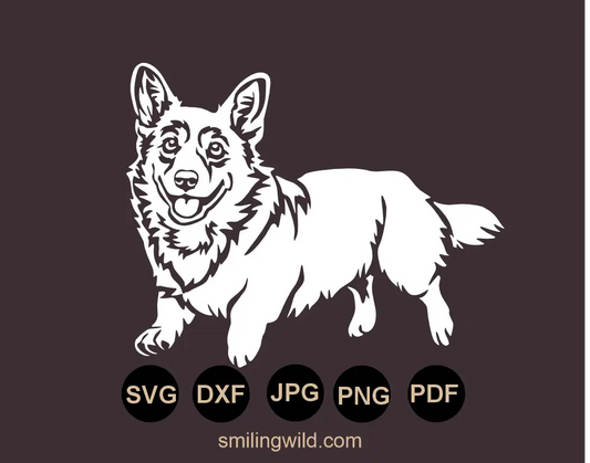 White running Welsh Corgi svg vector grpahic cut file showcasing a smiling dog in motion
