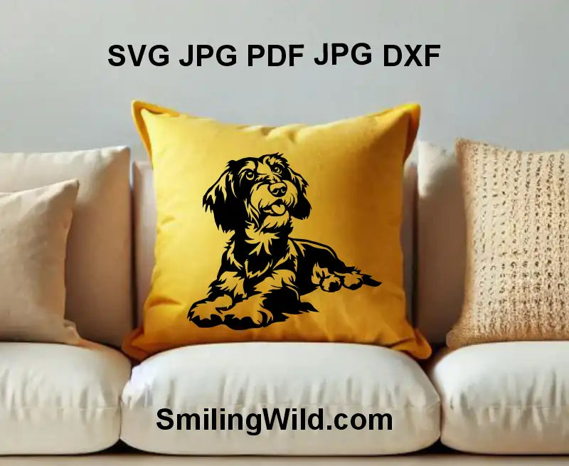 Sausage dog wirehaired Dachshund clipart in black DXF for engraving embroidered on a pillow