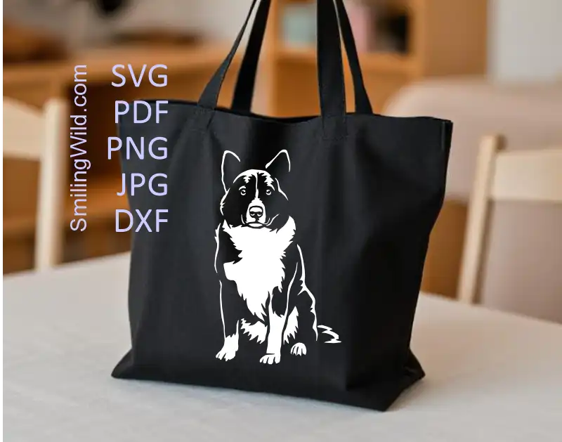 A white Scandinavian breed - karelian bear Dog SVG clipart design og black and white collections presented as a light aplication on a dark tote bag.