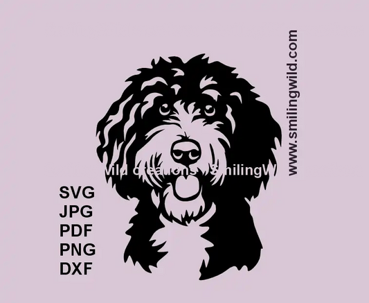 Sheepadoodle SVG head portrait – black vector dog clipart for cutting and engraving