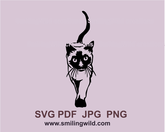 Walking Siamese cat in graphic clip art tyle