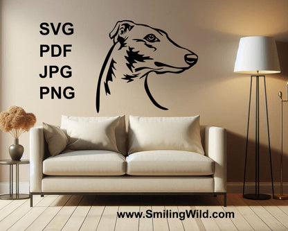 sighthound digital wall art design hanged on a white wall over a sofa