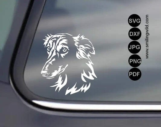 A white silken windsprite dog head silhouette decal shown on a car window,  presenting dog's cut file portrait in SVG, DXF, JPG, PNG, PDF file types