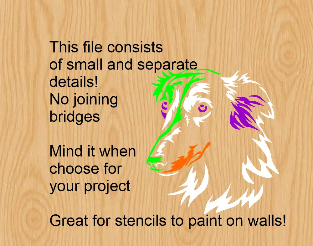 Silken Windsprite white SVG PNG DXF vector cut file showing a multi-piece separated detail layout for the dog head portrait.