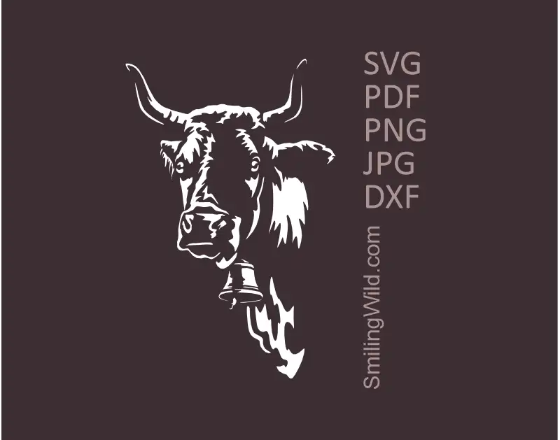 Horned Simmental Cow SVG PNG DXF Farm animal White Clipart. Cow graphic optimized for Cricut cutting