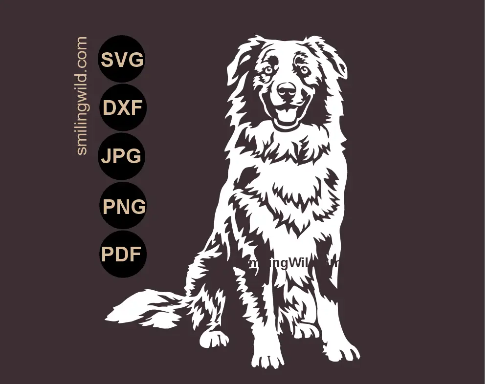 A sitting and smiling Australian Shepherd dog SVG Clipart Drawing