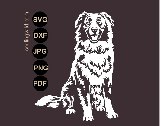 A sitting and smiling Australian Shepherd dog SVG Clipart Drawing