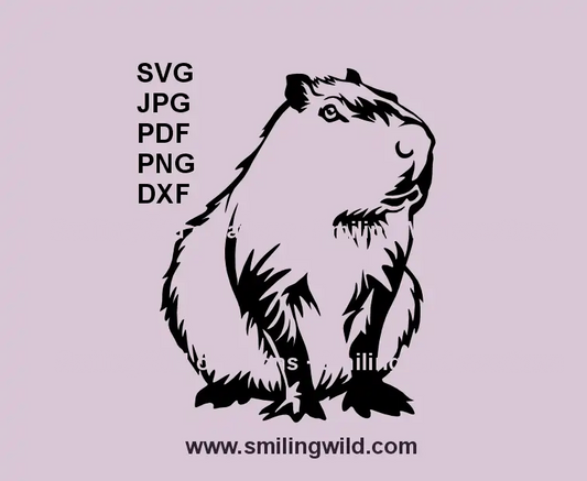 SVG clipar black drawing of a sitting Capybara in 45 degree angle - wildlife graphic for Cricut and laser engraving