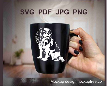 mug design of white graphic drawing of a king charles spaniel