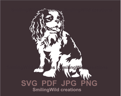 sitting king charles spaniel in white color is looking over his shoulder drawing made in white graphic art