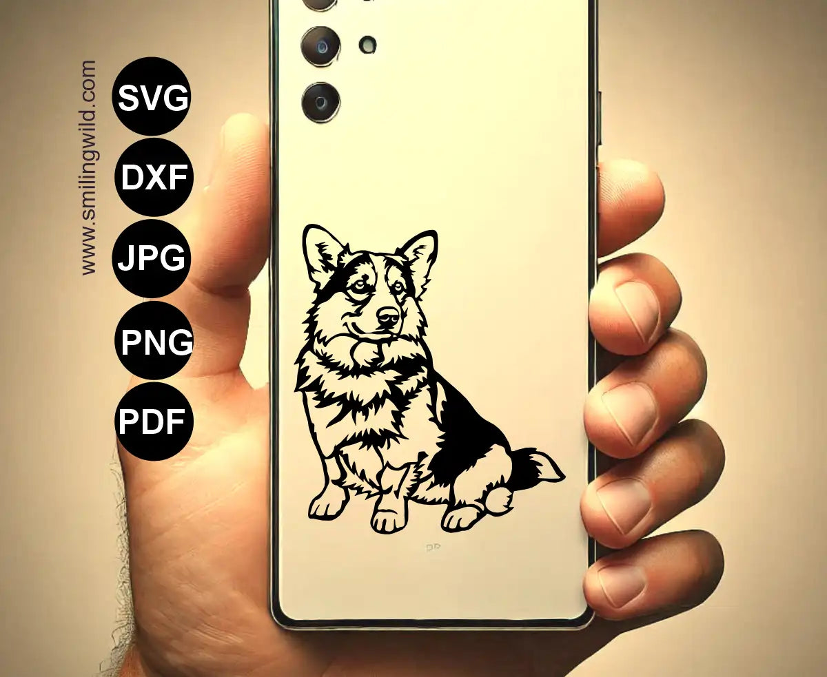a sitting corgi svg clipart presented as a vinyl decal on a phone case.