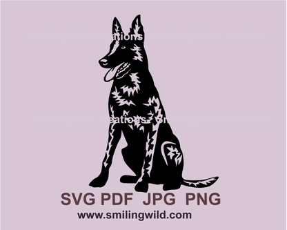 a sitting dutch shepherd with open mouth clip art design in black color