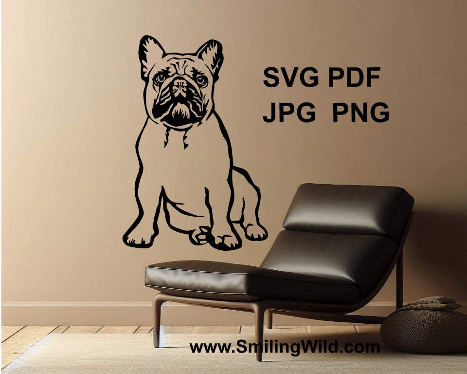 sitting French bulldog digital design on a wall over a lounge chair