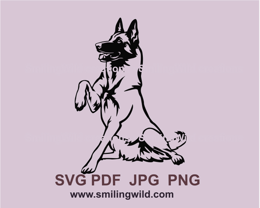 A digital vector design of a sitting and smiling malinois with a raised paw.