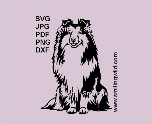 Black SVG and png vector graphic drawing of sitting Sheltie dog for laser cutting crafts