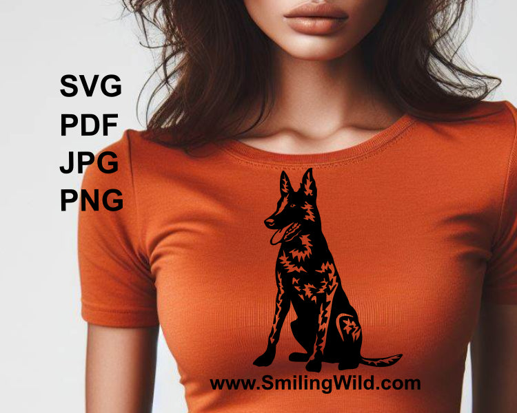 sitting dutch shepherd printable t shirt design shown on a body of a woman