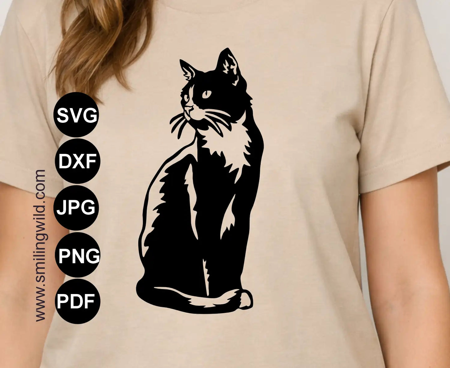 A full body sitting tuxedo cat SVG cutting file presentation on a t shirt as a vinyl decal 