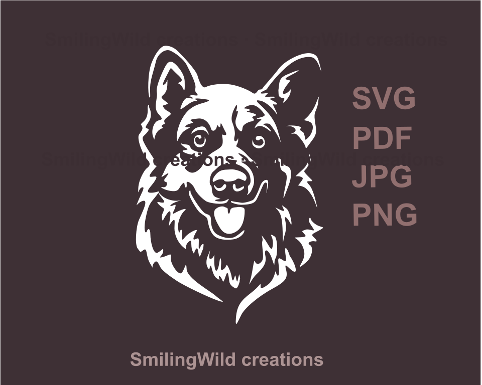 Graphis svg type image of a smiling abd cute corgi face in white color and transparent background