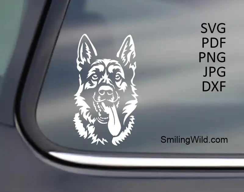 German Shepherd Dog svg, png dxf Cutting File applied to a dark car window, emphasizing the detail and suitability of a vector clipart file for Cricut transfers with specific color needs.
