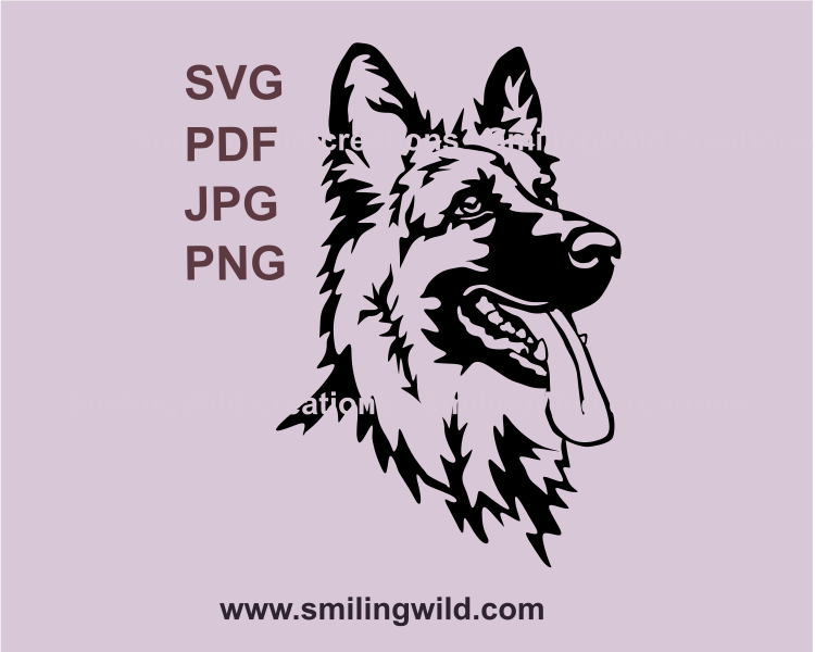 a smiling german shepherd svg vector graphic drawing with open mouth and tongue out of it