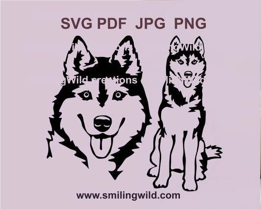 Smiling Husky dog head and full body vector clipart for Cricut and Silhouette laser cutting projects