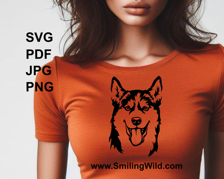 Smilng husky portrait printed on a t shirt