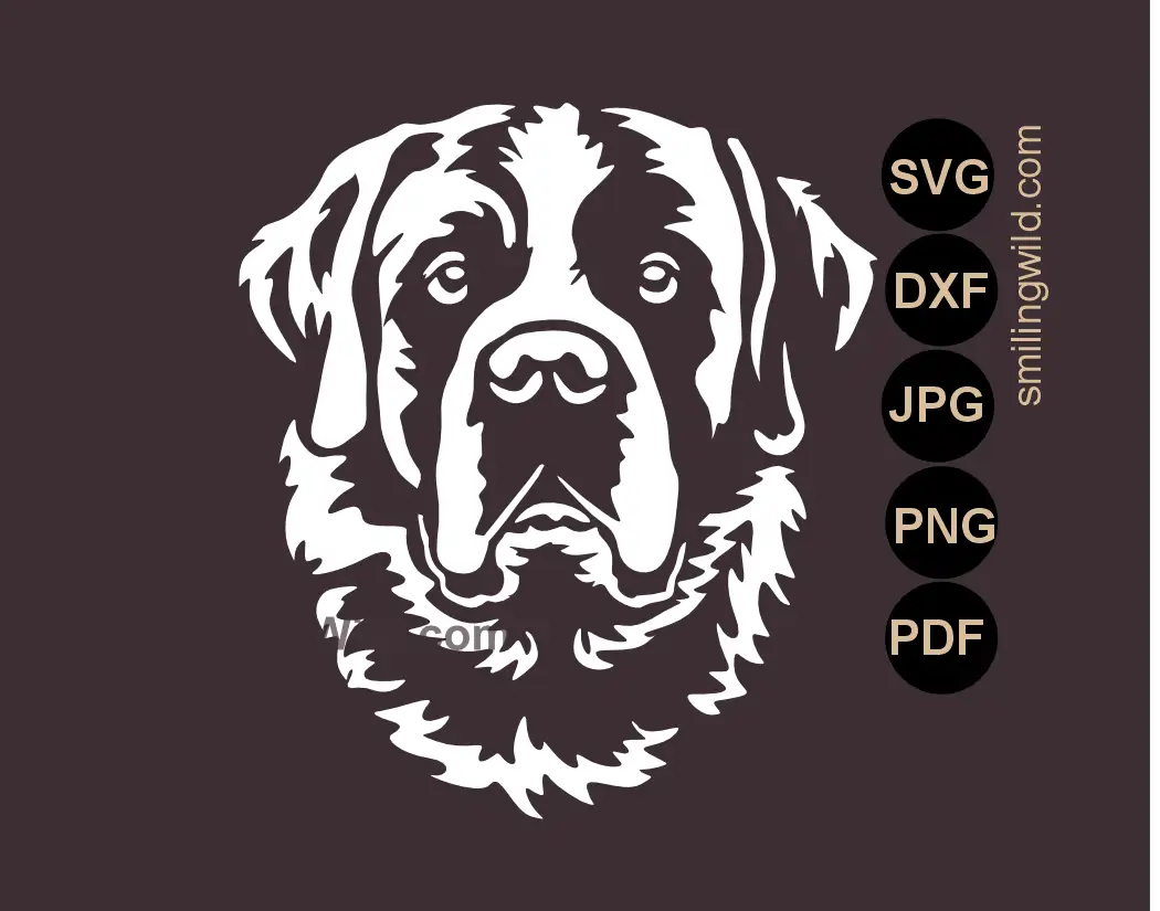 White St. Bernard dog Face vector file in SVG, png and dxf high-fidelity artisan illustration for dark surfaces.