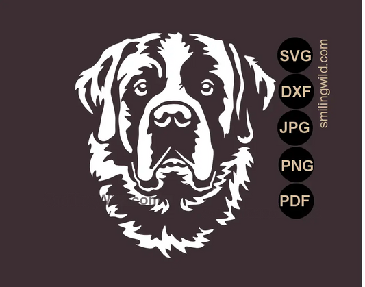 White St. Bernard dog Face vector file in SVG, png and dxf high-fidelity artisan illustration for dark surfaces.