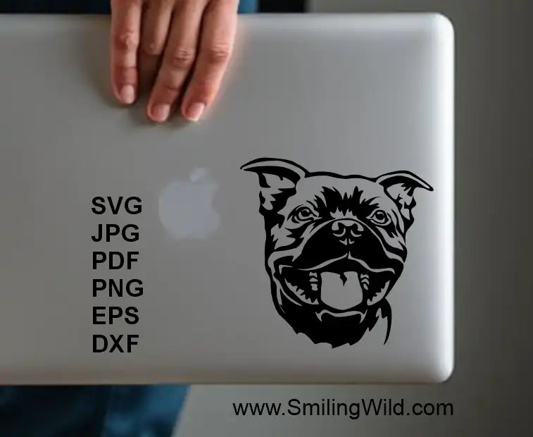 a laptop cover design of a Staffordshire Bull Terrier clipart for DIY crafts, Cricut cutting, and pet gift designs